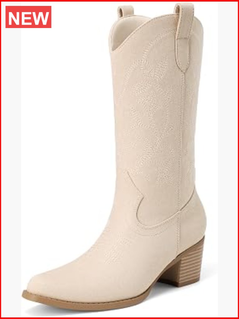 Cowboy Boots Cowgirl Western Boots Embroidery Stitched Chunky Heel Mid Calf